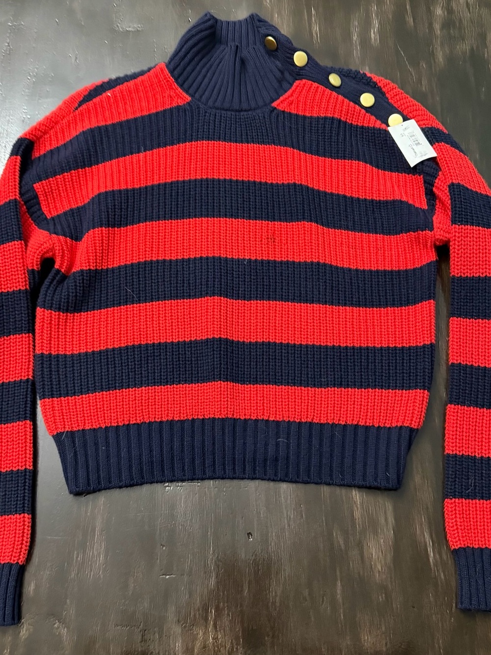 Striped Navy & Red Turtleneck Sweater with Button Shoulder